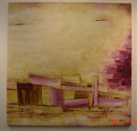 SOLD: abstract / purple, beige & apple green; RIGHT 90 x 90 cm, acrylic